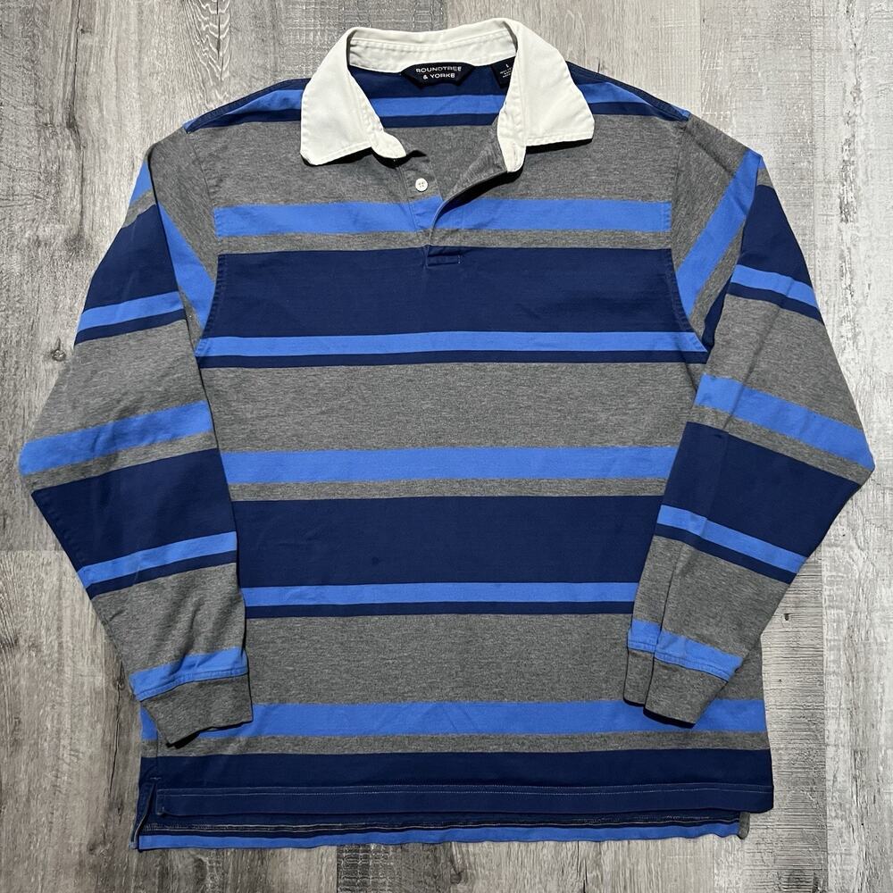 VTG Roundtree And Yorke Blue/Grey Striped Long Sleeve Polo Shirt Mens L Rugby